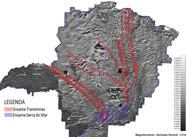 Figura 3: Mapa magnetométrico do estado de Minas Gerais, destacando os lineamentos que correspondem aos diques máficos mesozoicos (Borges, 2011, modificado)