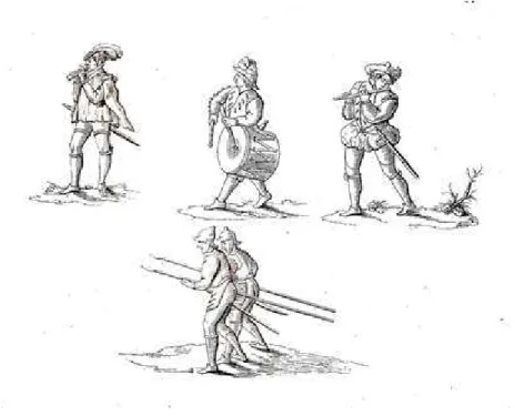 FIGU RA 9    Ilustração do livro O rches eographie,  de T hoinot A rbeau,  1589.  M ostra lanceiros, p ífano, caixa e uma flaut a chamada arigot, que  corresponderia  à  flauta  conhecida  no  nordest e  e  no  nort e  de  M inas  por gaita