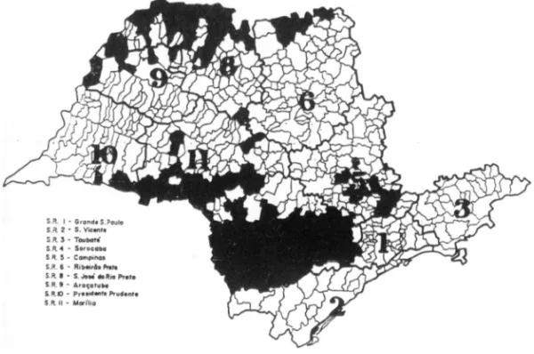 FIGURE 5.   Geographical Distribution of  Triatoma infestans in the State of São Paulo, 1972