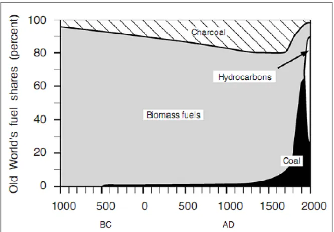 Figura 6 - Quotas dos combustíveis consumidos no período entre 1000 A.C. e 2000 D.C. [15]