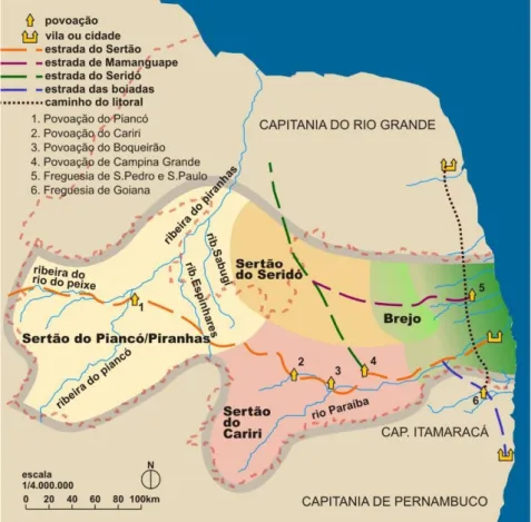 Figura 03: Limites aproximados dos sertões da Capitania da Paraíba, século XVIII 