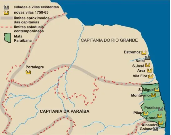 Figura 04: Vilas de índios criadas nas capitanias da Paraíba e Rio Grande  do Norte na segunda metade no século XVIII 
