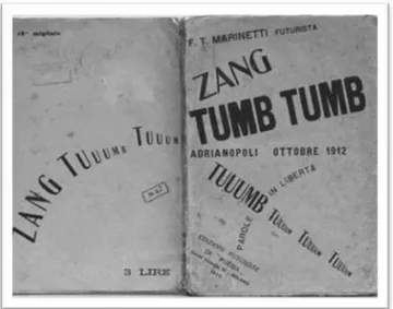 Fig.	
  4:	
  Zang	
  tumb	
  tuuum	
  (quarta	
  capa	
  e	
  capa),	
  F.T.	
  Marinetti,	
  1914	
  