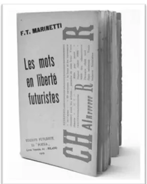 Fig.	
  8:	
  Les	
  mots	
  en	
  liberté	
  futuristes	
  (capa),	
  F.T.	
  Marinetti,	
  1919	
  