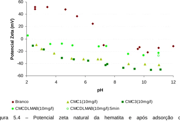 Figura 5.4 – Potencial zeta natural da hematita e após adsorção com  carboximetilceluloses