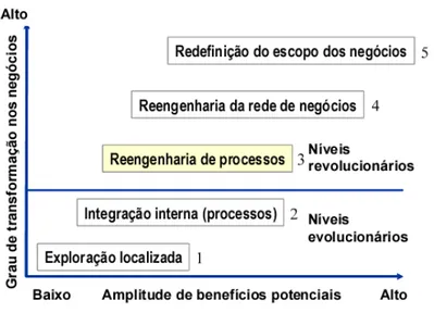 Figura 4: Níveis de Reconfiguração de Negócio pela Aplicação de TI  Fonte: Venkatraman, 1991: adaptado 