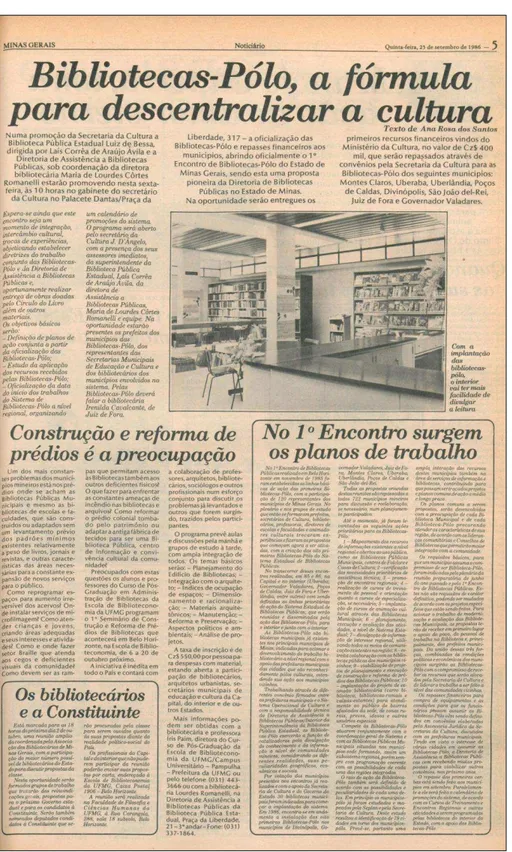 Figura 4 - Notícia no Diário Oficial sobre a criação de Bibliotecas- Bibliotecas-Pólo em MG, 25 setembro de 1986