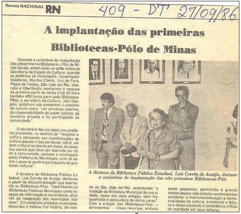 Figura 5 - Notícia em jornal regional sobre a criação de Bibliotecas- Bibliotecas-Pólo em MG, 27 setembro de 1986