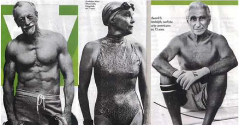 Figura 8. As fotos dos três atletas que ilustram o artigo – halterofilista (67 anos), nadadora (73  anos) e surfista (73 anos) – indicam que a prática de exercícios físicos é um fator relevante 
