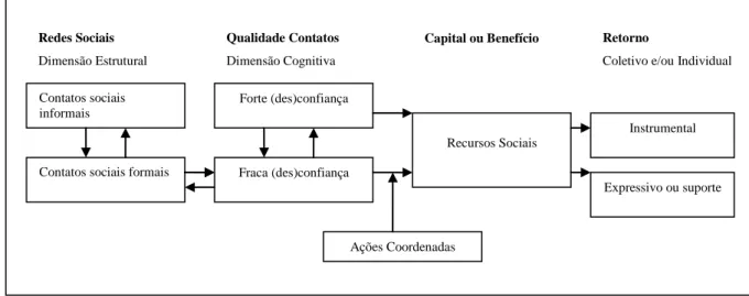 Figura 3. Modelo conceitual contemplando dimensões do capital social, Mikael Rostila, 2011