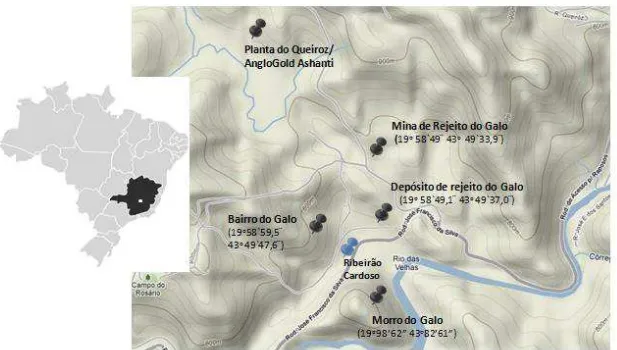 Figura 1: Localização das 4 áreas amostradas em Nova Lima, Minas Gerais. Área1: Depósito 