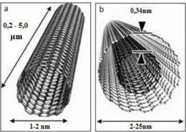 FIGURA 1.3:a) Diagrama da formação de nanotubos de carbono a partir de uma folha de grafeno  (DRESSELHAUS, MILDRED S