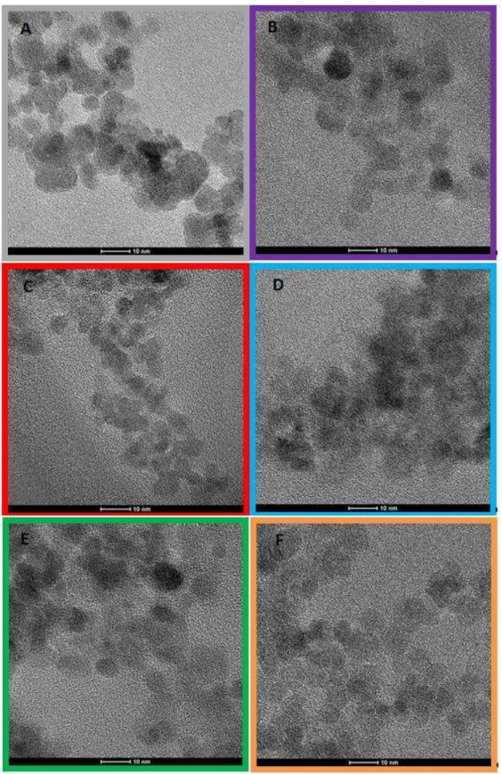 Figura 13 - Micrografias (TEM) das nanopartículas (aumento de 285000): (A)  Ferrita pura; (B) Ferrita citrato (C) Ferrita-betaCD; (D) Ferrita-betaCD-citrato; 