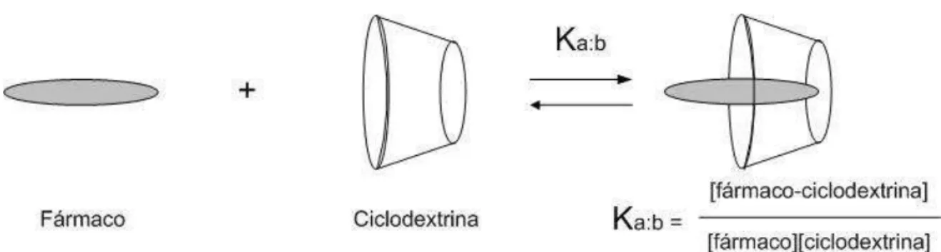 FIGURA  5  -  Representação  esquemática  do  processo  de  equilíbrio  que  descreve  a  interação entre um fármaco e a ciclodextrina (LOFTSSON e BREWSTER, 1996) 