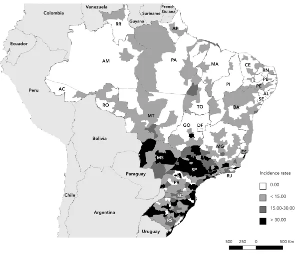 Figure 3 presents the predicted standard- standard-ized rates, based on the estimated parameters, for each municipality and State