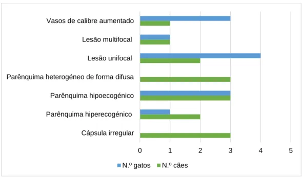 Figura 9- Número e tipo de alterações ecográficas a nível hepático registadas no cão e no  gato   