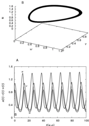 Figura 3: Soluc¸˜ao do modelo presa-predador. Em A o espac¸o de fase ( v, u ). B apresenta a variac¸˜ao temporal da densidade de presas e predadores, com u 0 = 2 