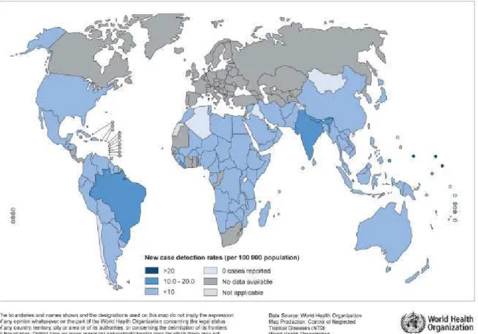 FIGURA 1 – Distribuição dos casos novos de hanseníase no mundo  Fonte: World Health Organization, 2011b