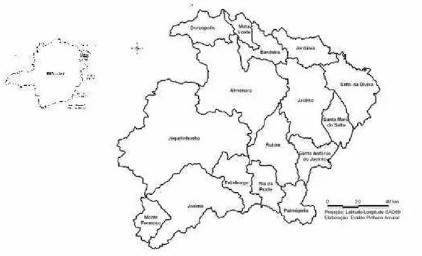 FIGURA 4 - Mapa da microrregião de Almenara com a divisão por municípios  Fonte: AMARAL, 2008, p