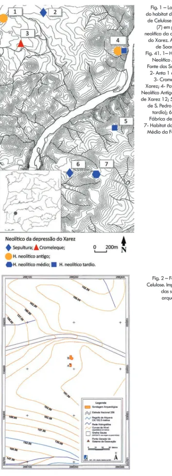 Fig. 1 – Localização  do habitat da Fábrica  de Celulose (Mourão)  (7) em paisagem  neolítica da depressão  do Xarez
