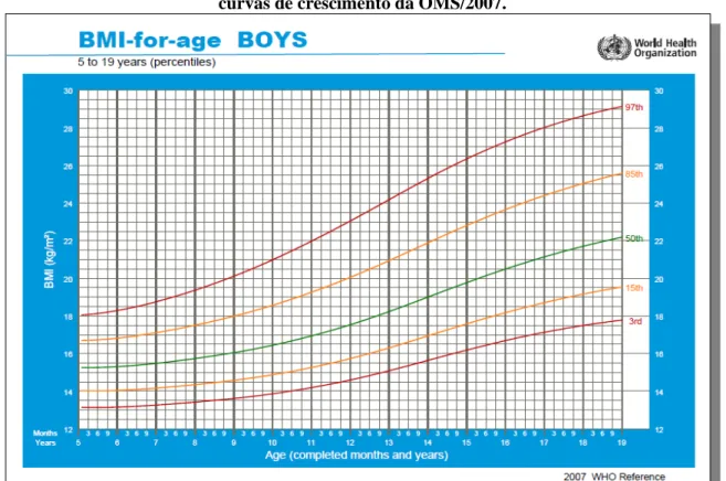 Figura 1  – Índice de Massa Corporal (IMC) por idade (5 a 19 anos), sexo masculino, segundo as  curvas de crescimento da OMS/2007