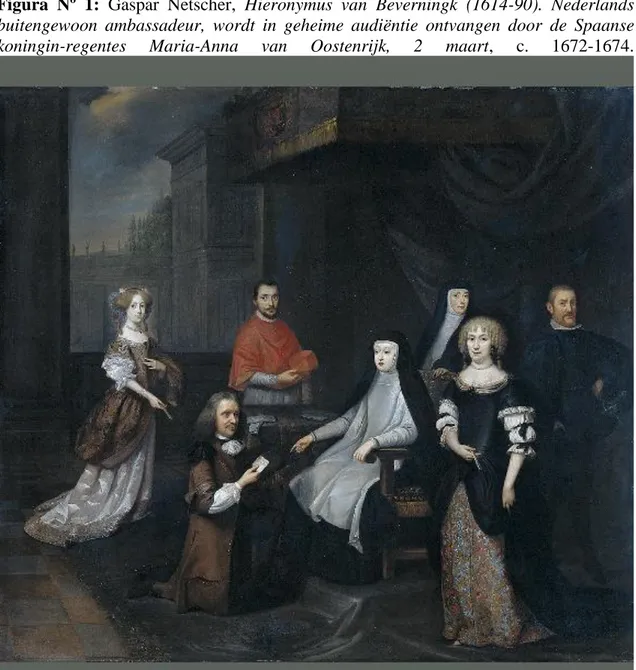 Figura  Nº  1:  Gaspar  Netscher,  Hieronymus  van  Beverningk  (1614-90).  Nederlands  buitengewoon  ambassadeur,  wordt  in  geheime  audiëntie  ontvangen  door  de  Spaanse  koningin-regentes  Maria-Anna  van  Oostenrijk,  2  maart,  c