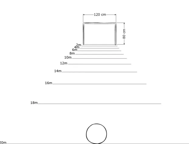Figure 4  -  Apparatus used for the estimation of the kicking task. The same marks and goal were  used for the throwing task, but the goal was placed 1 m above the floor, on one table 