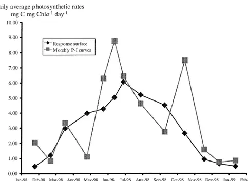 Figure 11. Daily average photosynthetic rates predicted with the P–I curves for each monthly phytoplankton sample, and with the surface response relating photosynthetic rates with irradiance and temperature, for those samples when Prorocentrum minimum abun