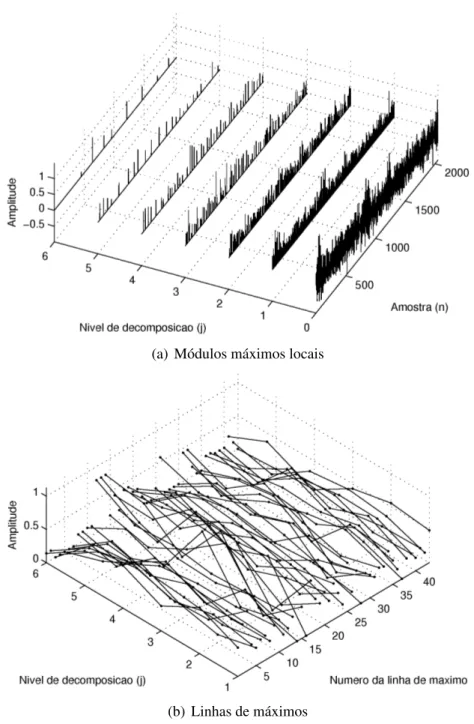 Figura 2.8: Módulos máximos locais e linhas de máximos relativos a um ruído branco Gaus- Gaus-siano.
