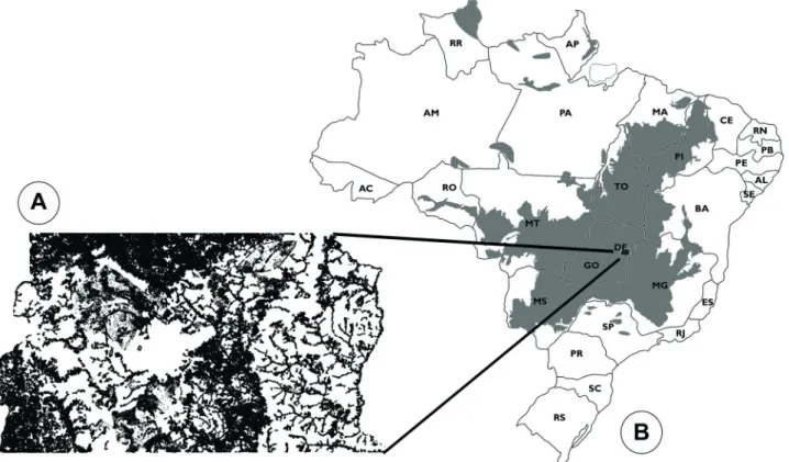 Figure 1.  Map of Federal District (A) and Cerrado biome (B) (Source: Sano (2013) (A) and Ribeiro &amp; Walter (2008) (B)).