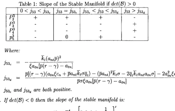 Table 1: Slope of the Stable Manifold if det{B) &gt; 0  0 &lt; J5.3 &lt; Í53c  J53 = Í53c  J53 c  &lt; J53 &lt; Í53 d  J53 &gt; jss.,  pS  +  +  +  -  -  -  -  +  P!  -  -  -  +  pí  -  0  +  -  Where:  js'i c  =  ktidntpf  (.(i t7l \pir - 7) - a tn ]  - p
