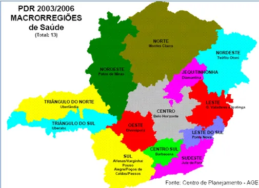 Figura 1: Mapa das 13 macrorregiões sanitárias de Minas Gerais.  Fonte: Site da SES MG, disponível em 20 de abril de 2008 