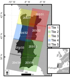 Figure 1. Continental Portugal and corresponding Landsat path/rows. Colors indicate merged  path/rows to define five tiles used in image processing and classification
