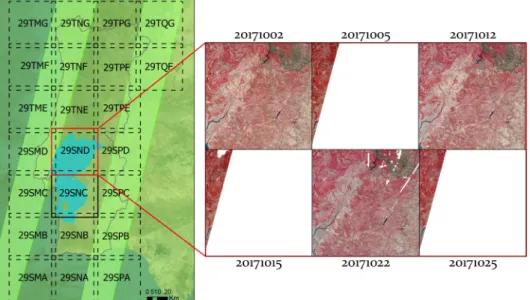Figure 3 Sentinel-2 orbit, swath, and tilling for the study area and images acquired for  October 2017 in the tile 29SND