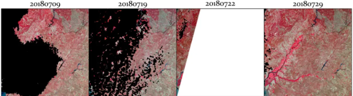 Figure 13 Image acquisition with less than 50% cloud cover for tile 29SND in July 2018  Derived indices 