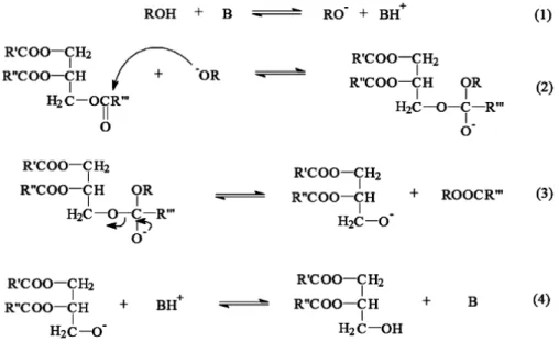 Figura 1.6: Mecanismo de transesterificação para a catálise básica (Schuchardt, 