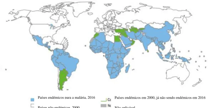 Figura  2.  Países  onde  a  malária  era  endémica,  em  2000  e  2016.  Adaptado  de:  World  malaria  report,  World  Health Organization, 2016