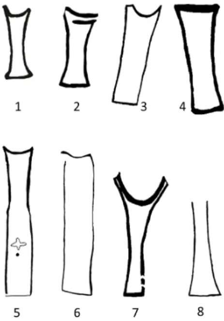 Fig. 7 – Frontal Skeuomophs from  Eastern Beira Alta and Beira Baixa,  North Portugal and Western  North-ern Meseta: 1- Ataúdes, 2- Bouça,  3- Longroiva, 4- Nave 1, 5- Nave 2,  6- Soalar, 7- Tremedal de Tormes,  8- S