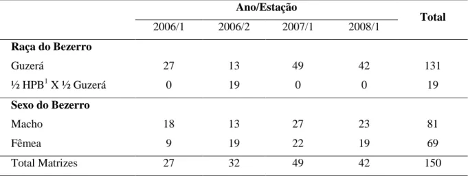 Tabela 1 – Distribuição dos partos por raça e sexo dos bezerros para cada ano/estação.