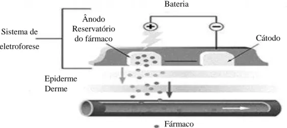 Figura 9: Representação esquemática da técnica da iontoforese, num processo de libertação de  um fármaco para a corrente sanguínea (adaptado de Silva, J