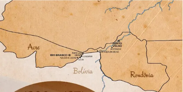 Figura 1. Mapa contendo os seringais em que o Mestre Gabriel trabalhou. Destaque para o  seringal Sunta, localizado na fronteira com a Bolívia