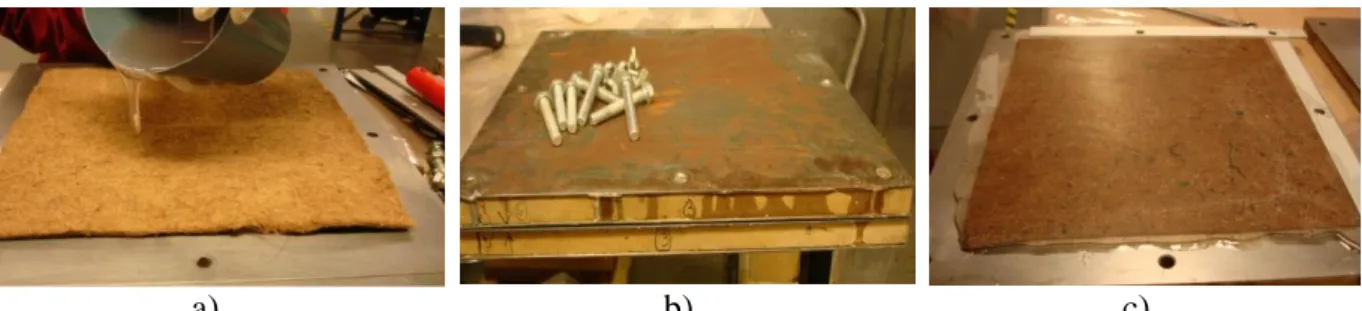 Figura 32 Etapas da moldação manual de uma manta, a) impregnação, b) aperto e c) placa