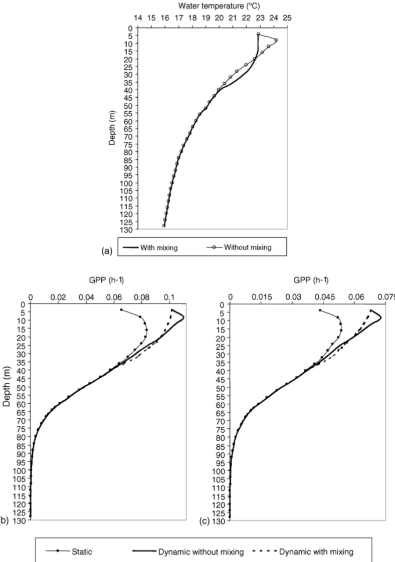 Fig. 3. Average vertical profiles of water temperature calculated from the Oceanic model (a) and average GPP, with and without vertical mixing, calculated with the Oceanic model; (b) without nitrogen limitation; (c) with nitrogen limitation (see text).