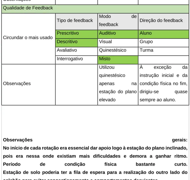 Tabela 3- Ficha de observação interpares (Anexo 2) 