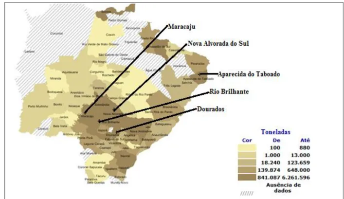 Tabela 2.1 – Produção de cana-de-açúcar no estado do Mato Grosso do Sul e no município  de Rio Brilhante/MS, de 2005 a 2009 (toneladas) 