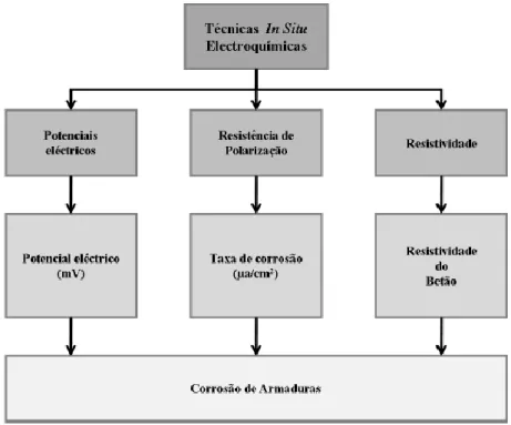 Fig. 25 -  Técnicas eletroquímicas – parâmetros medidos/avaliados e tipo de anomalias (Ferreira, 2010)