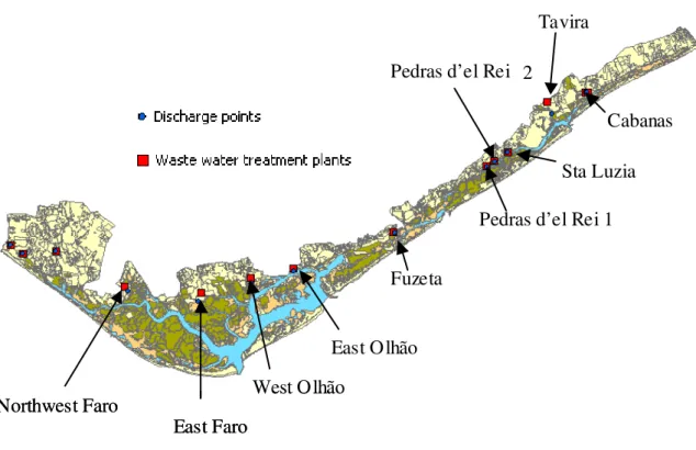 Fig. 2-5 – Present location of Waste Water Treatment Plants in Ria Formosa (see text)