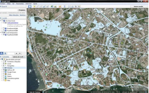 Figura 1 - Sobreposição dos espaços públicos da cidade do Porto ao Google Earth. 
