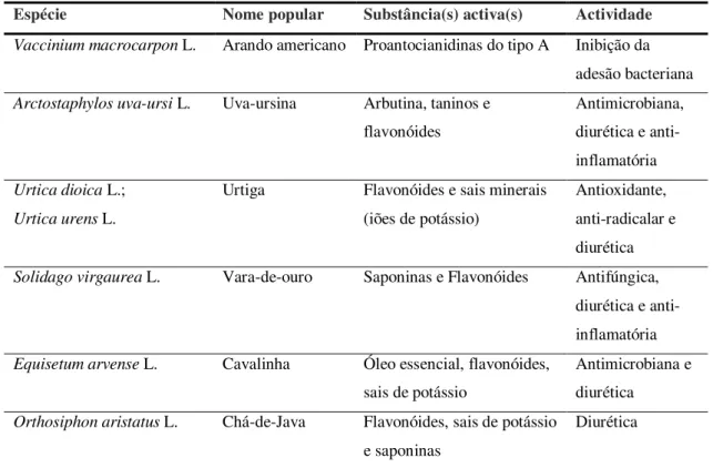 Tabela  1.  Características  gerais  de  plantas  medicinais  com  acção  comprovada  na  prevenção e tratamento de infecções urinárias