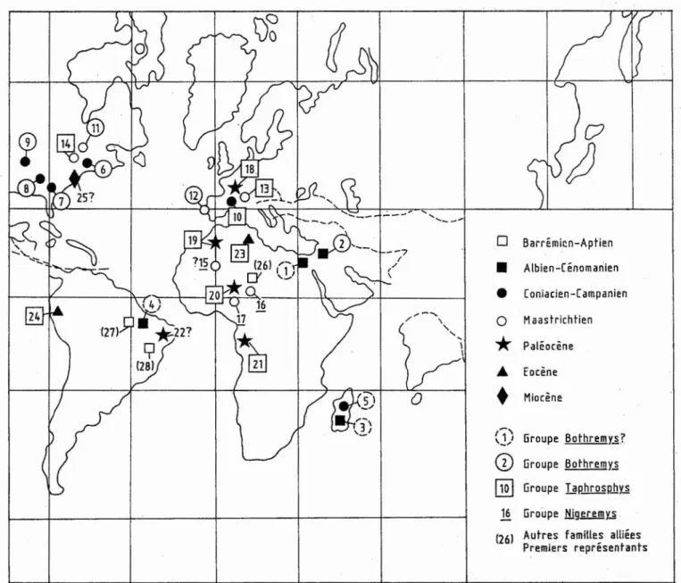 Fig . 10 - Carte de répartition paléobiogéographique des Bothremydidae. Continents au Paléocène moyen, d'après SMITH &amp; BRIDEN (1977) l , Apertotemporalis bahari jemis STROMER , 1934 , Egypte 